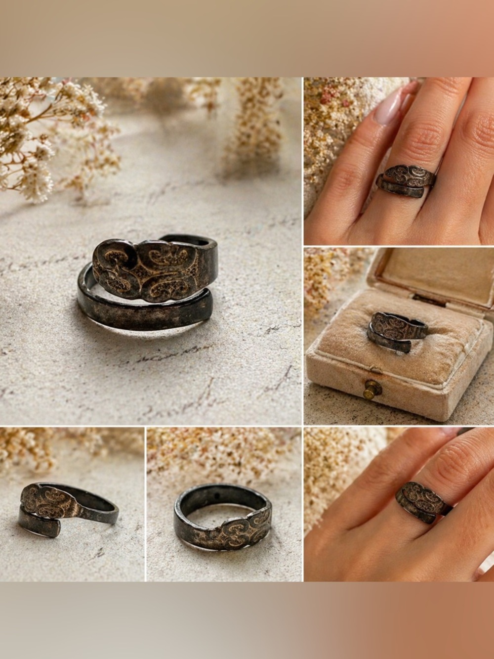 Vintage 1847 Rogers Bros Spoon Ring Adjustable Floral Silver Tone Wrap Band